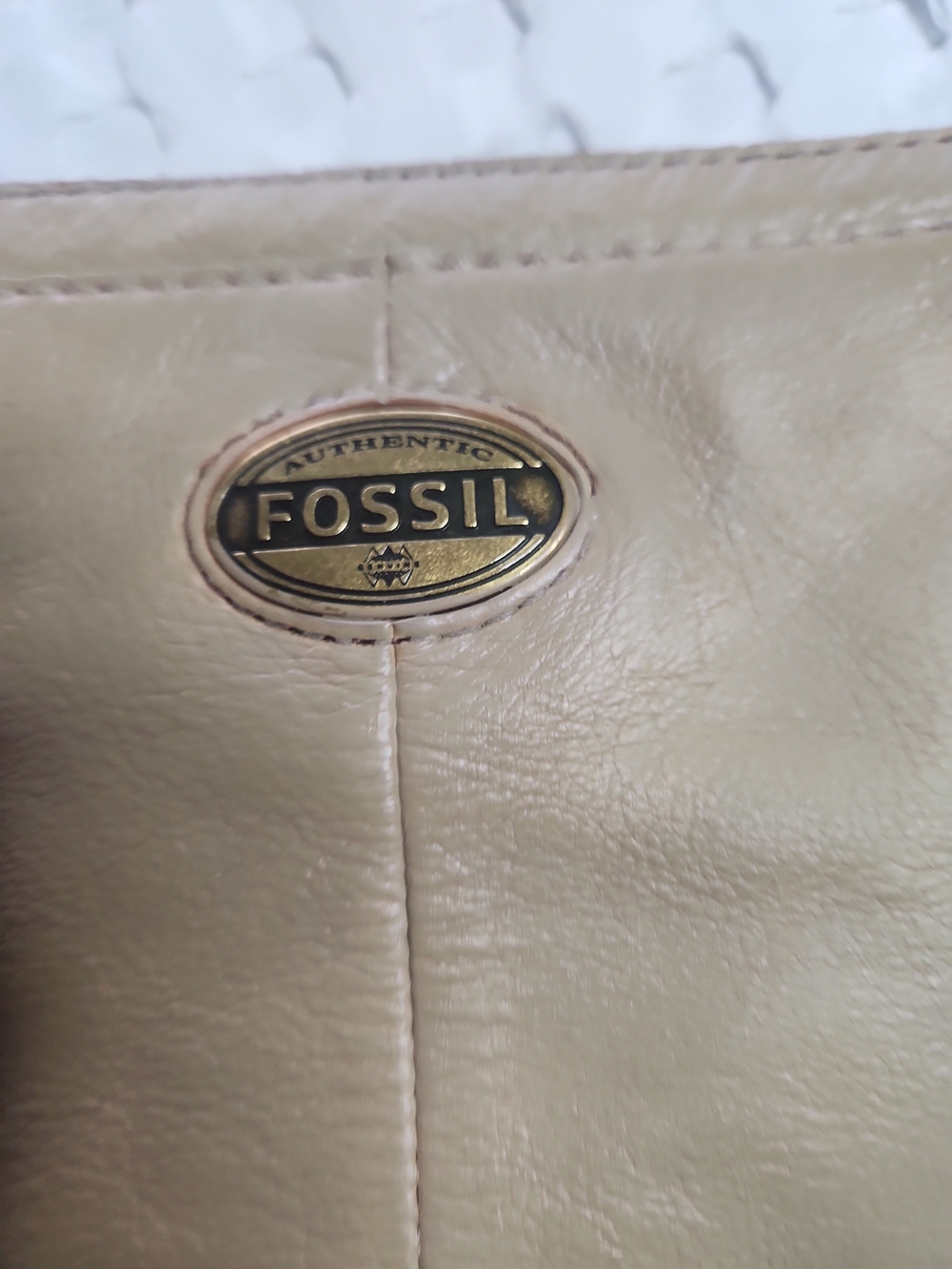 Fossil Beige Leather Crossbody Bag with Branded Oval Plaque